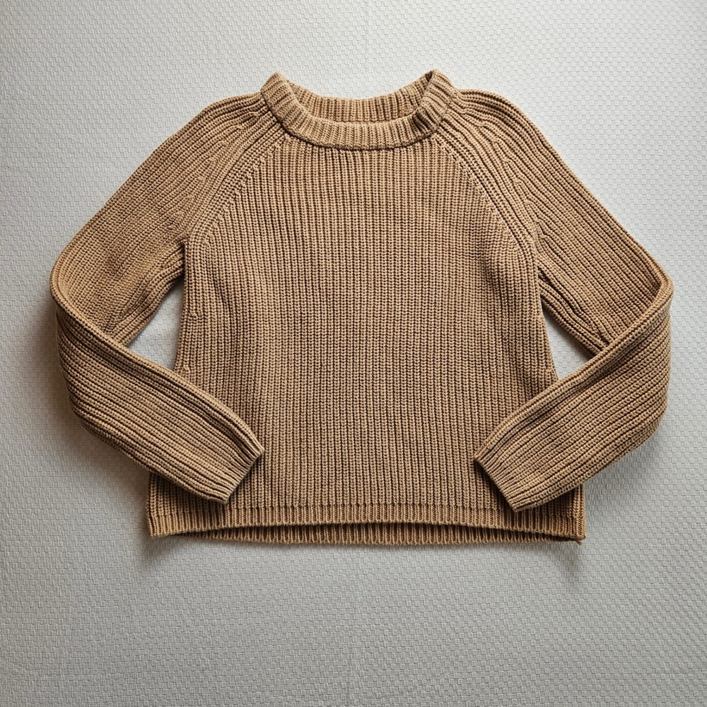 Quince Organic Cotton Fisherman Sweater Camel Brown XS Raglan Pullover Chunky